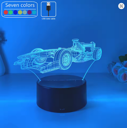 3D illusion LED night light featuring a Formula 1 race car design