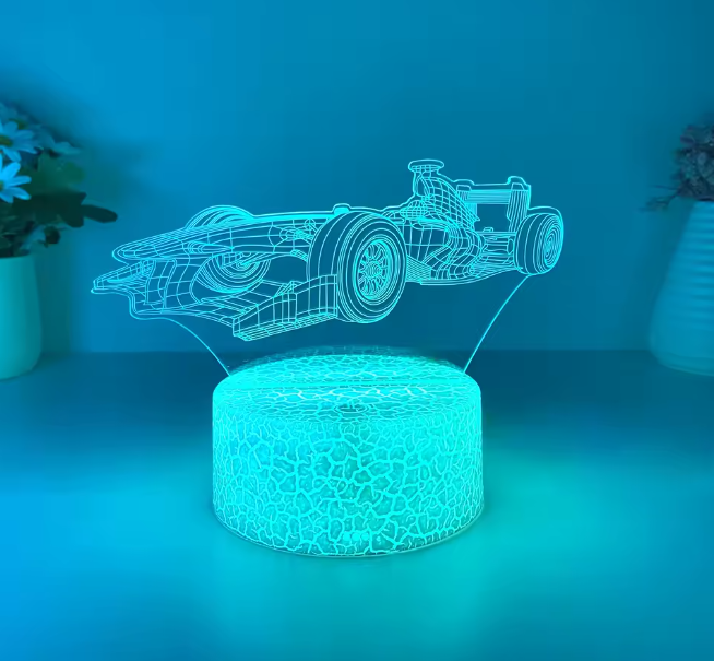 3D illusion LED night light featuring a Formula 1 race car design