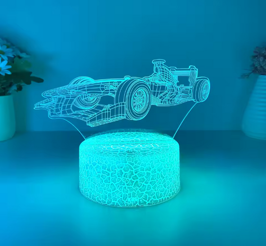 3D illusion LED night light featuring a Formula 1 race car design