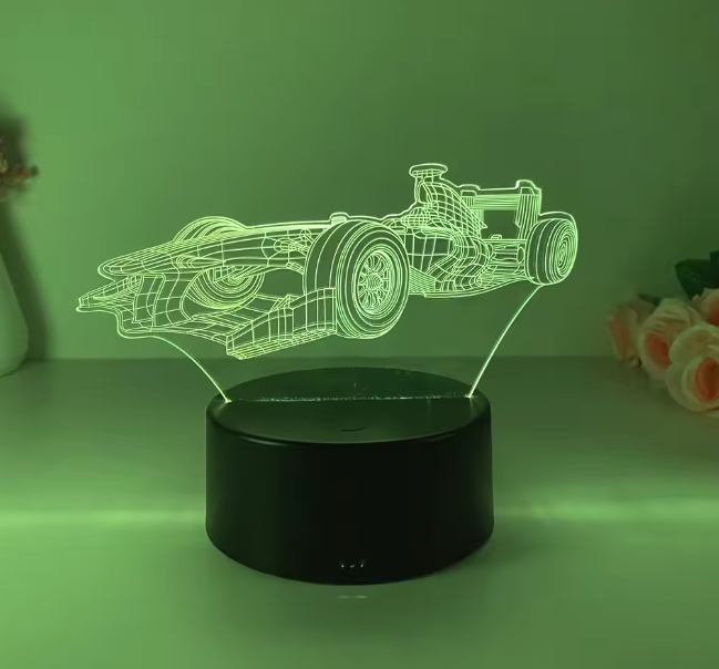 3D illusion LED night light featuring a Formula 1 race car design