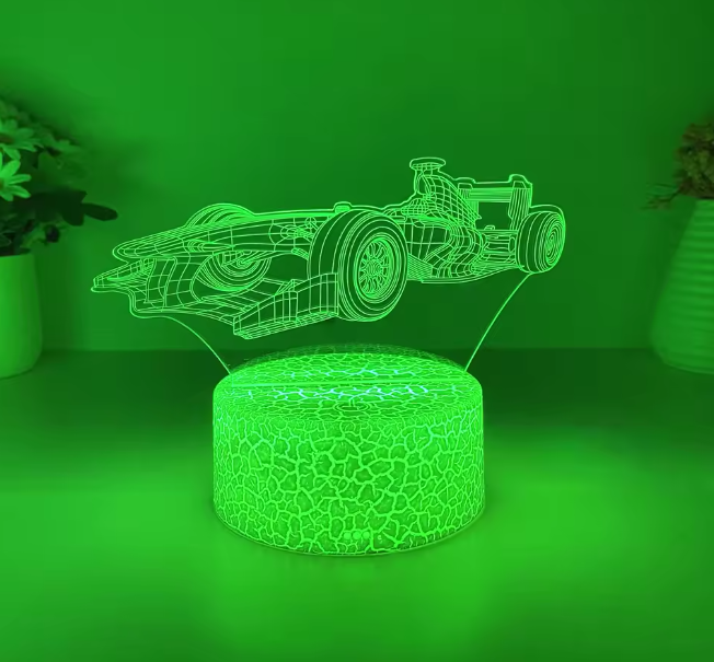 3D illusion LED night light featuring a Formula 1 race car design